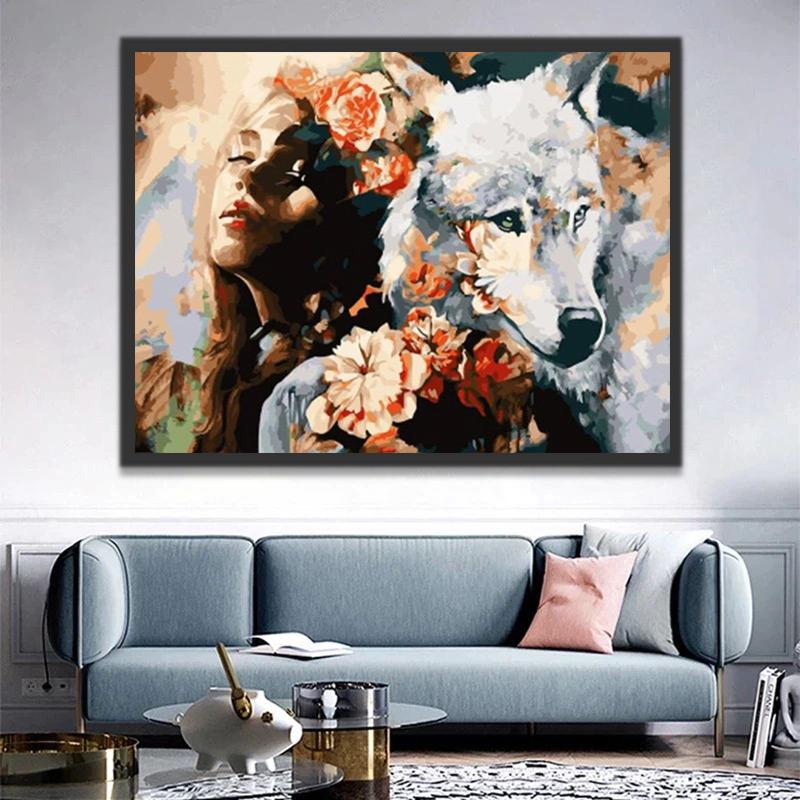 Femme et Loup avec des Fleurs Peinture par Numéros