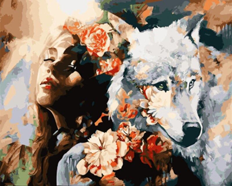 Femme et Loup avec des Fleurs Peinture par Numéros