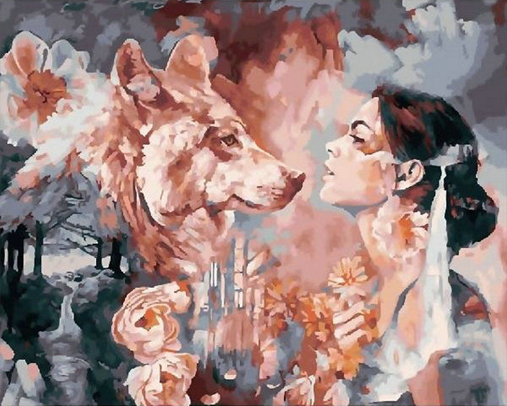 Femme et Loup Roses Peinture par Numéros