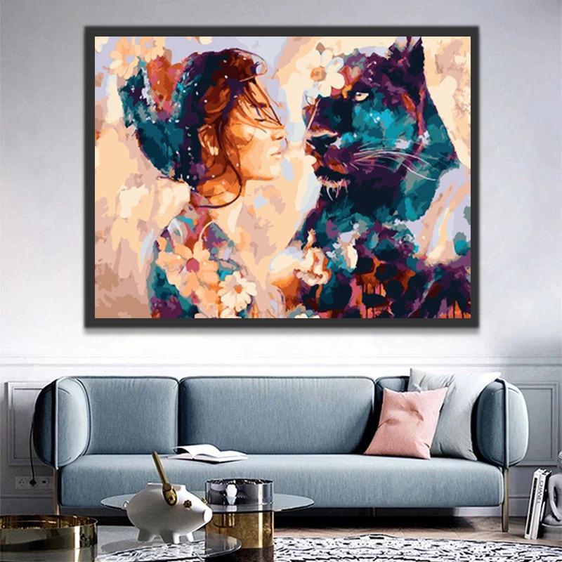 Femme et Panthère Noire Peinture par Numéros