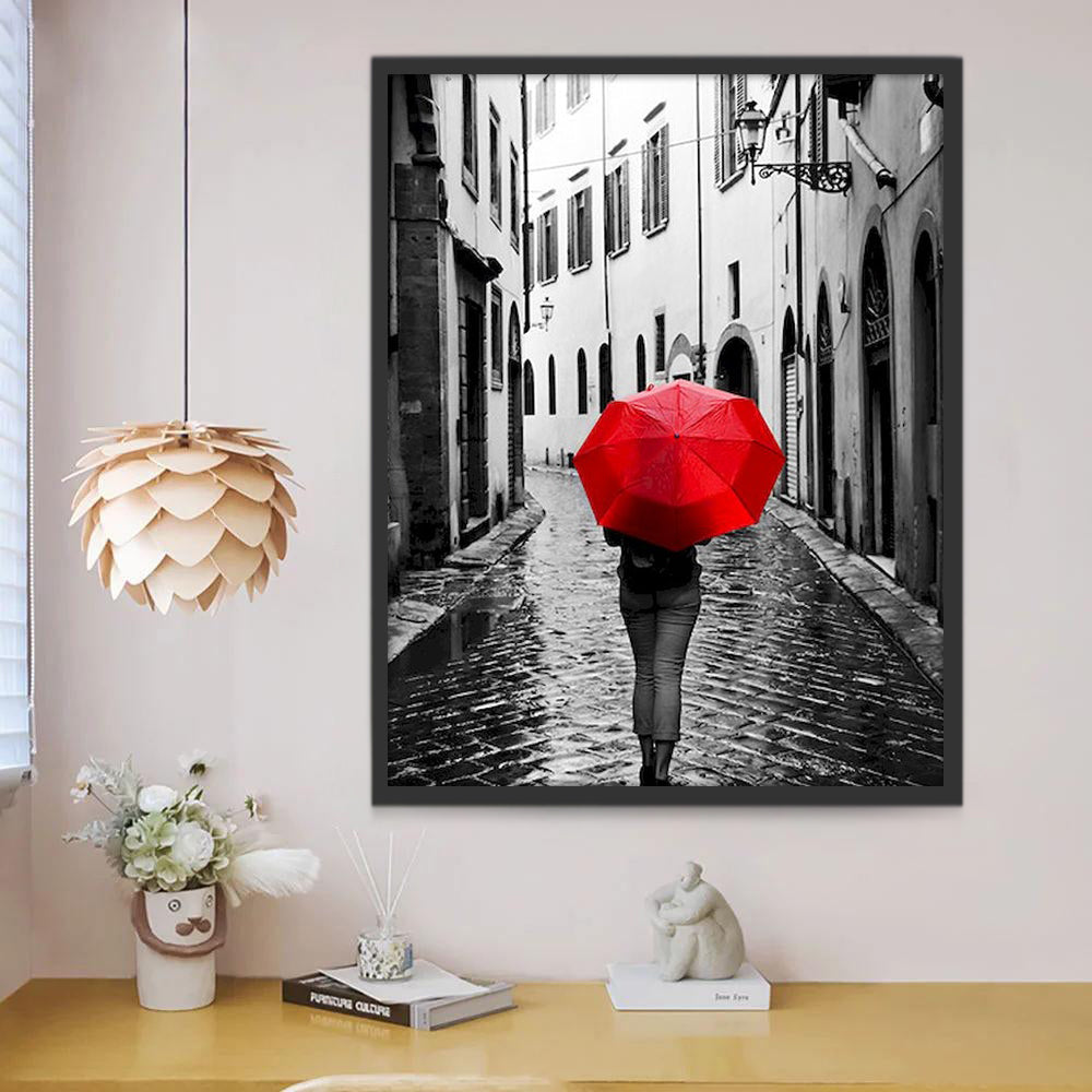 Femme et Parapluie Rouge Peinture par Numéros