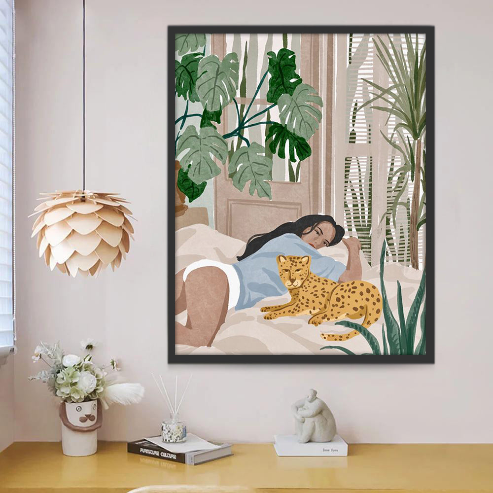 Femme et Petit Léopard Peinture par Numéros