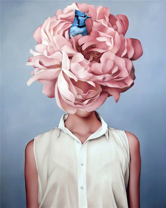 Femme et Pivoine Bleue et Rose Peinture par Numéros