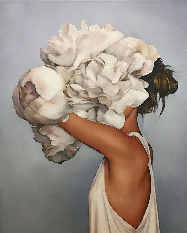 Femme et PIvoines Blanches Peinture par Numéros