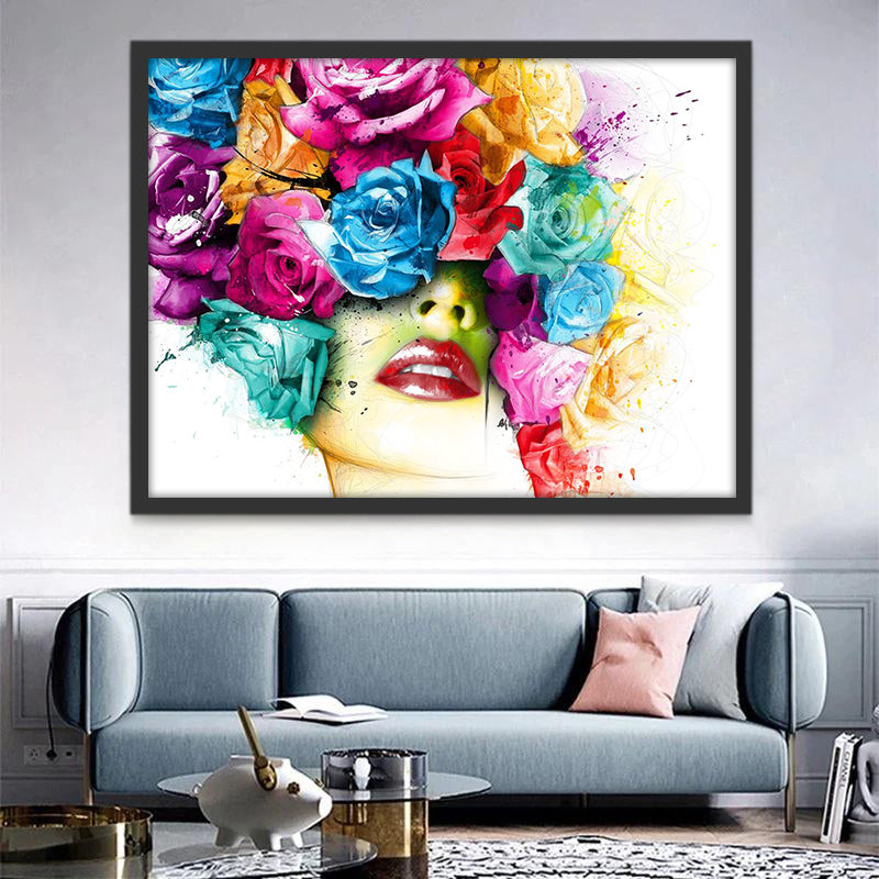 Femme et Roses Colorées Peinture par Numéros