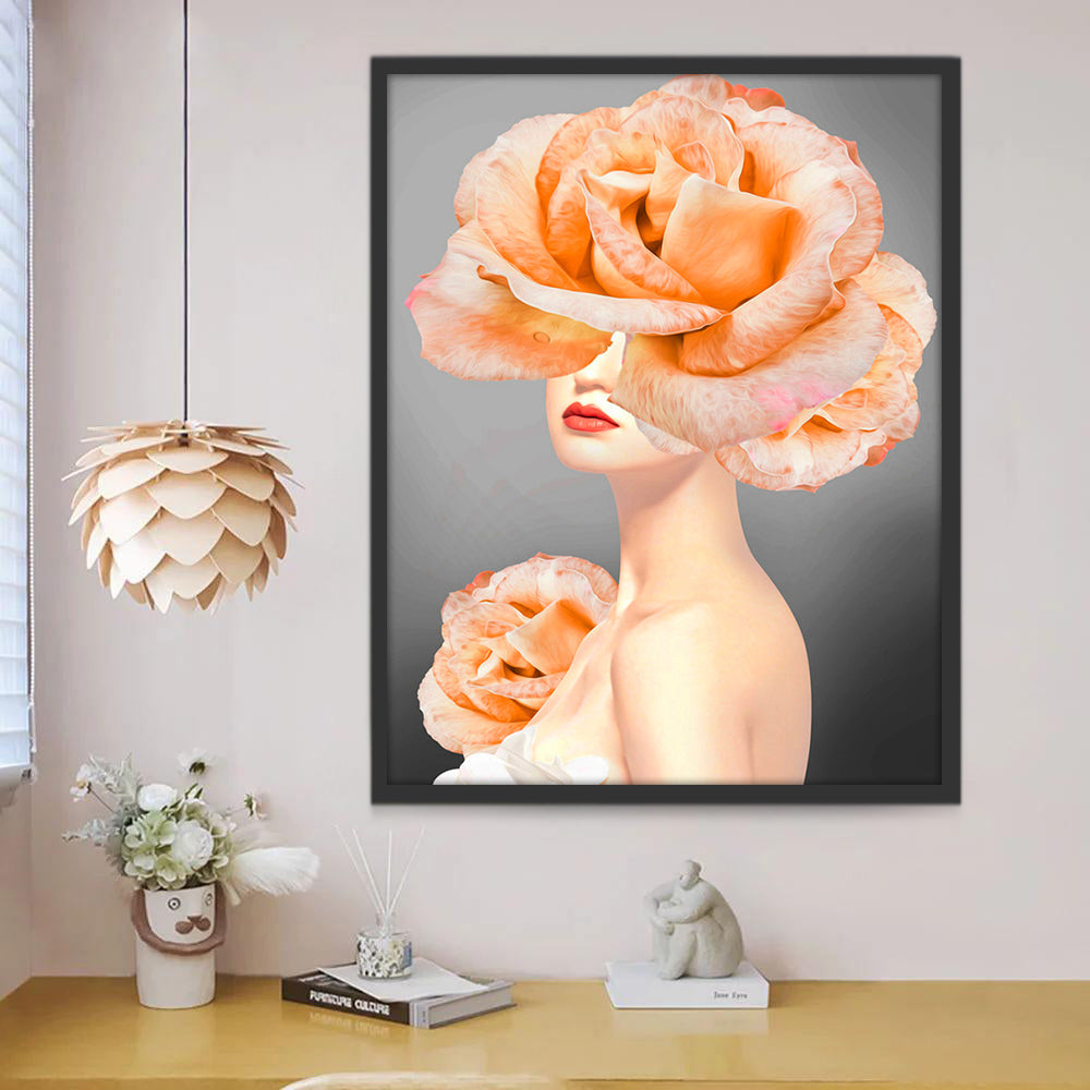 Femme et Roses Oranges Peinture par Numéros
