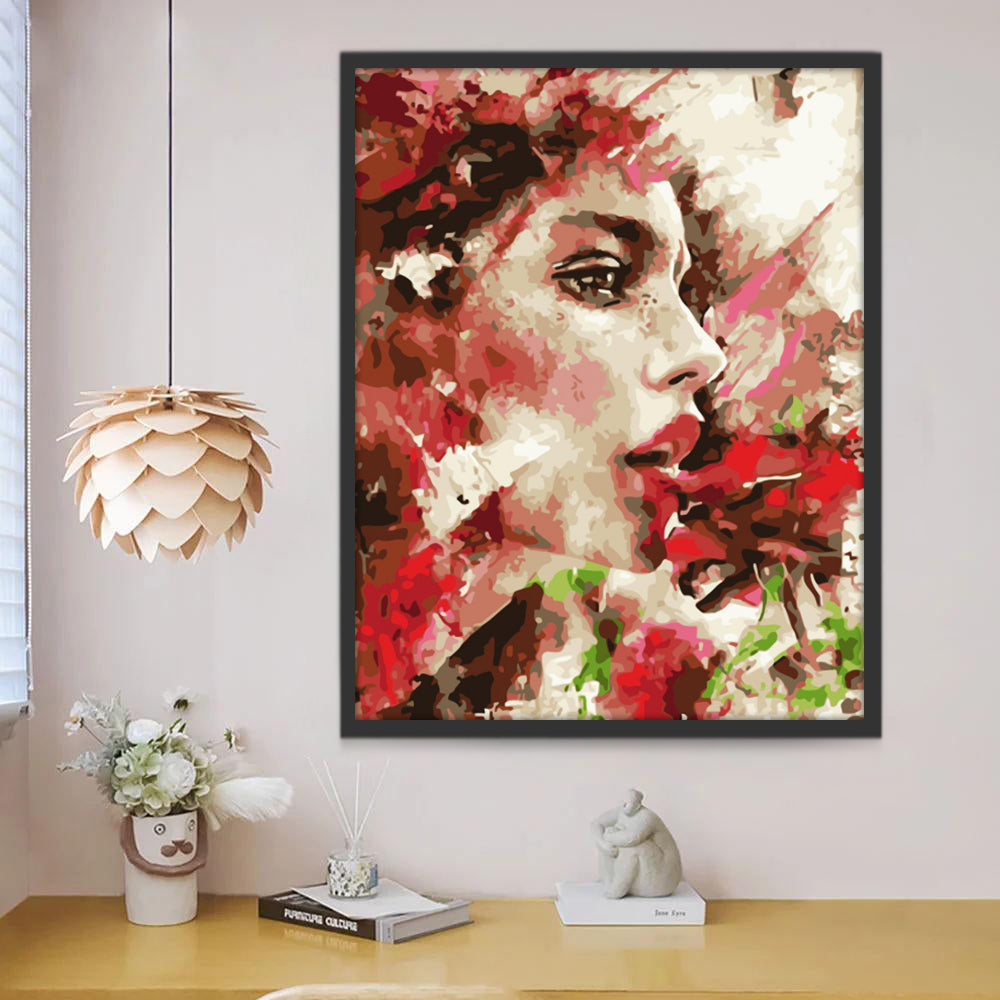 Femme et Roses Rouges Peinture par Numéros