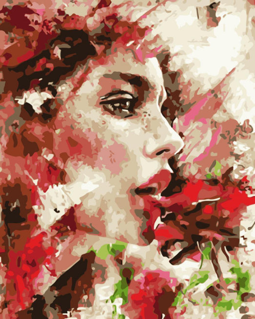 Femme et Roses Rouges Peinture par Numéros
