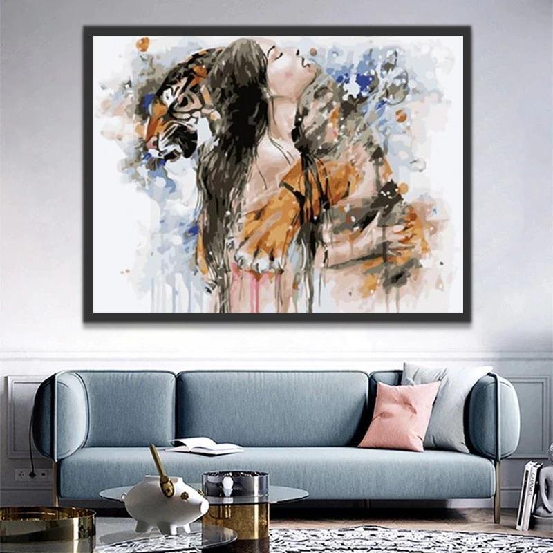 Femme et Tigre Peinture par Numéros