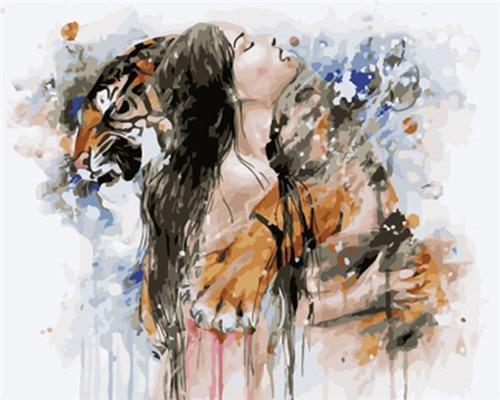Femme et Tigre Peinture par Numéros