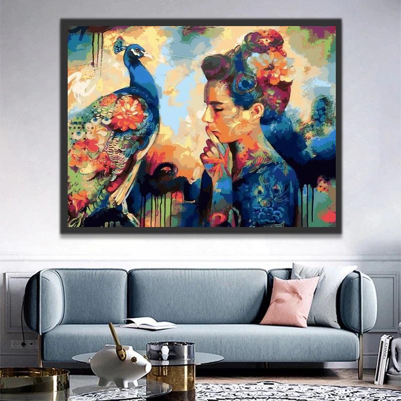 Femme Européanne et Paon Peinture par Numéros