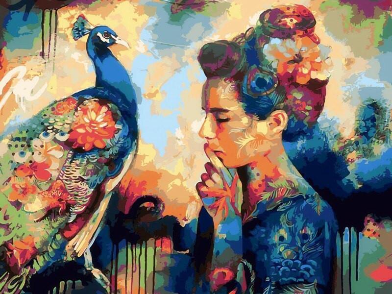 Femme Européanne et Paon Peinture par Numéros