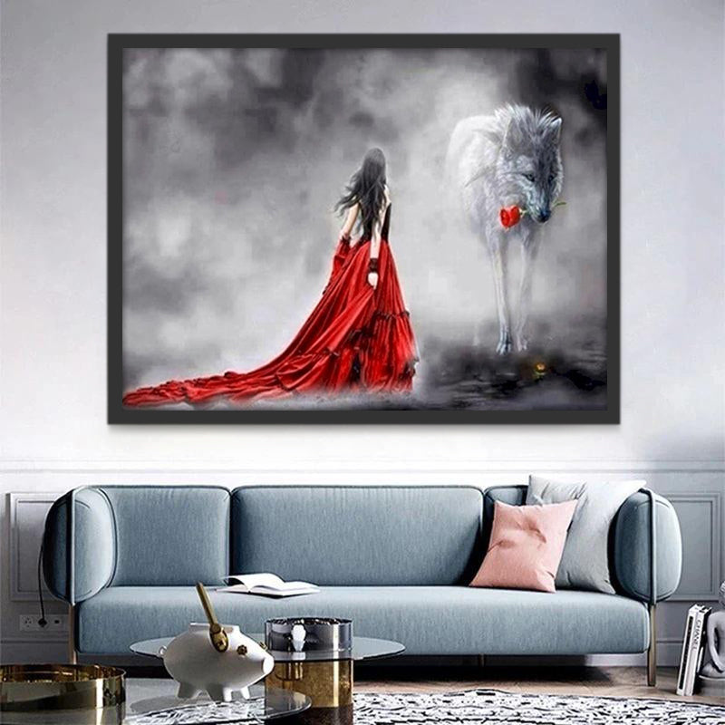 Femme Loup et Rose Rouge Peinture par Numéros