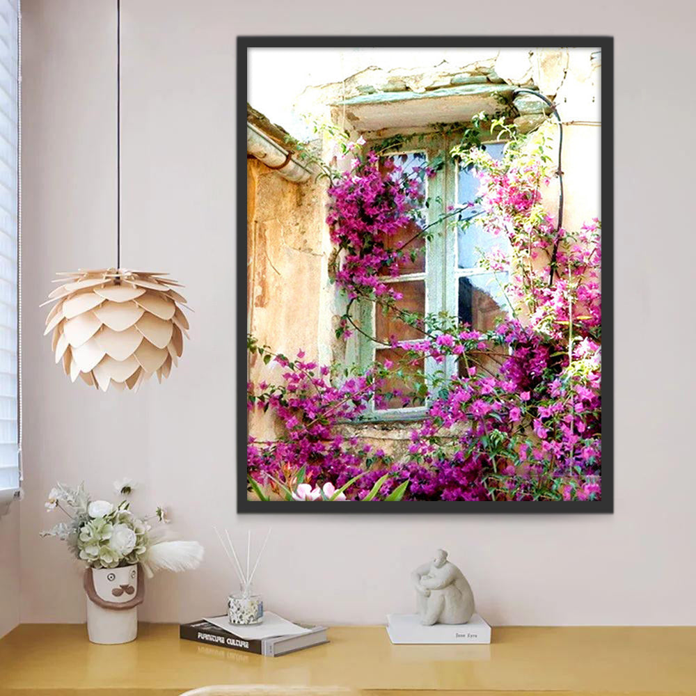 Fenêtre Bleue et Fleurs Peinture par Numéros