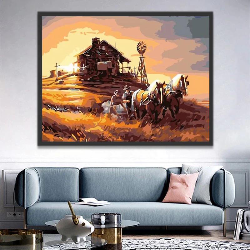 Ferme et Chevaux Peinture par Numéros