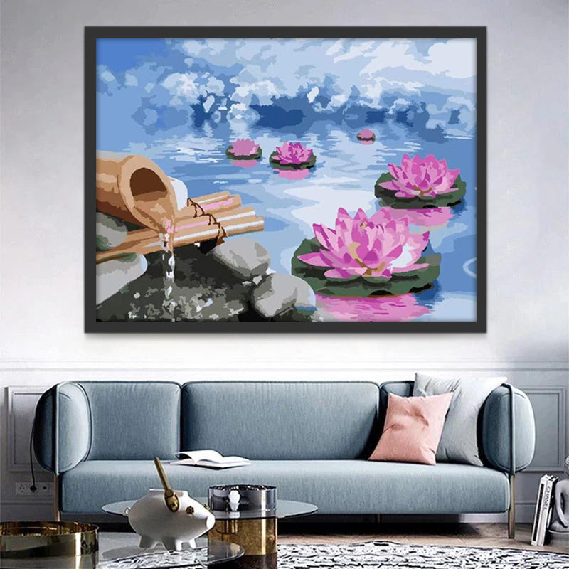 Fête au bord d'un Ruisseau Sinueux et Lotus Peinture par Numéros