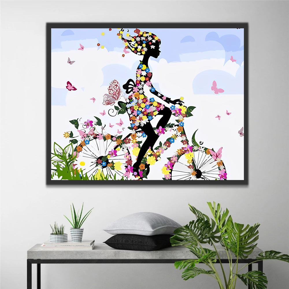 Fille à Vélo et Papillons Peinture par Numéros