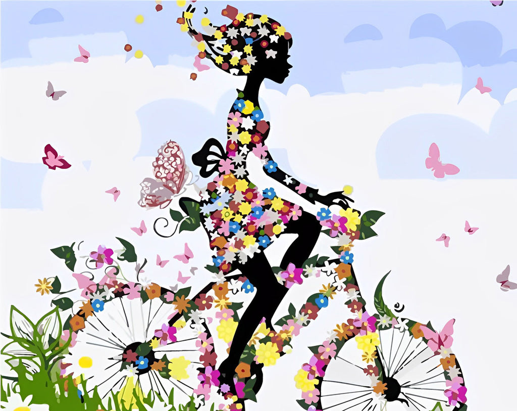 Fille à Vélo et Papillons Peinture par Numéros