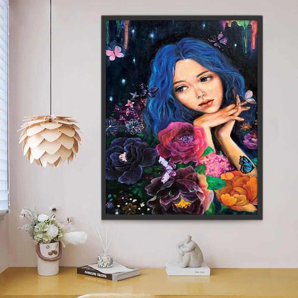 Fille aux Cheveux Bleus Peinture par Numéros