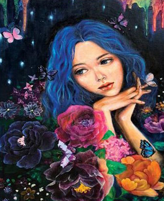 Fille aux Cheveux Bleus Peinture par Numéros