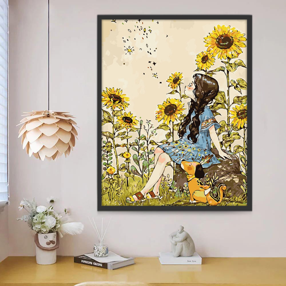 Fille Chien et Tournesols Peinture par Numéros