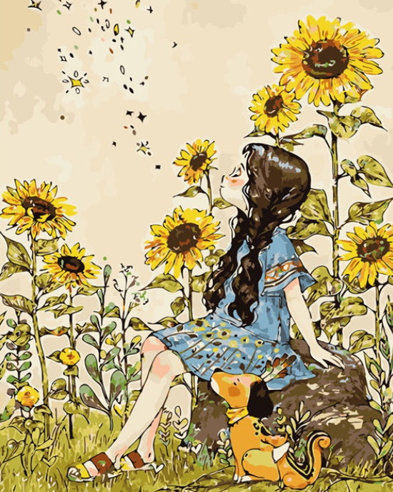 Fille Chien et Tournesols Peinture par Numéros