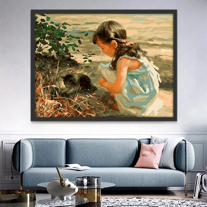 Fille en Robe Bleue Peinture par Numéros