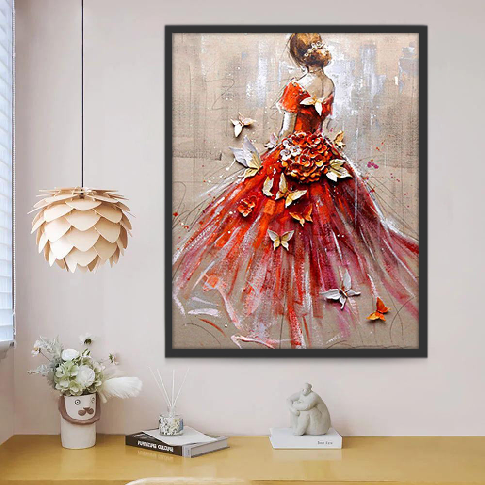 Fille en Robe Rouge et les Papillons Peinture par Numéros