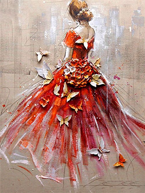 Fille en Robe Rouge et les Papillons Peinture par Numéros