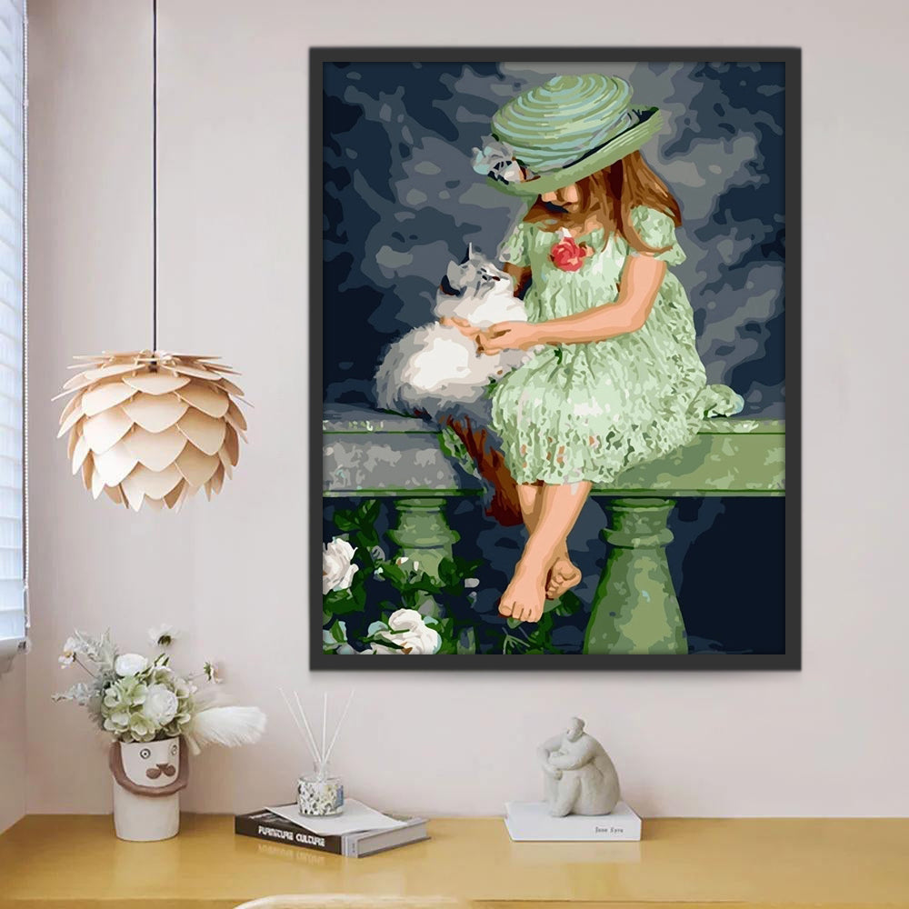 Fille en Robe Verte avec Chaton Adorable Peinture par Numéros