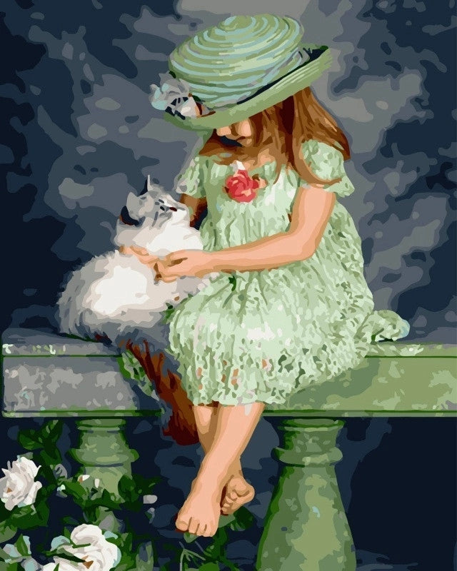 Fille en Robe Verte avec Chaton Adorable Peinture par Numéros