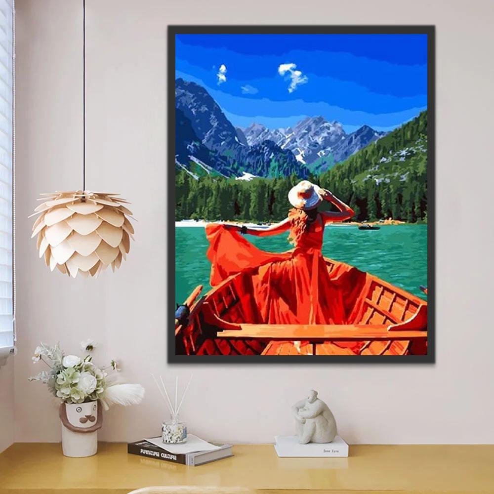 Fille en Rouge et Montagnes Peinture par Numéros