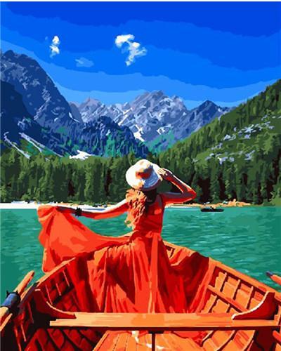 Fille en Rouge et Montagnes Peinture par Numéros