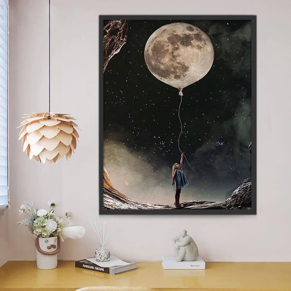 Fille et Ballon Lune Peinture par Numéros
