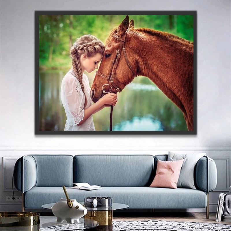 Fille et Cheval Brun Peinture par Numéros