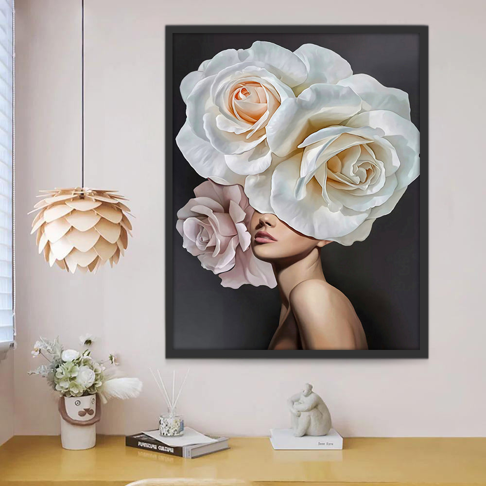 Fille et Roses Blanches et Rose Peinture par Numéros