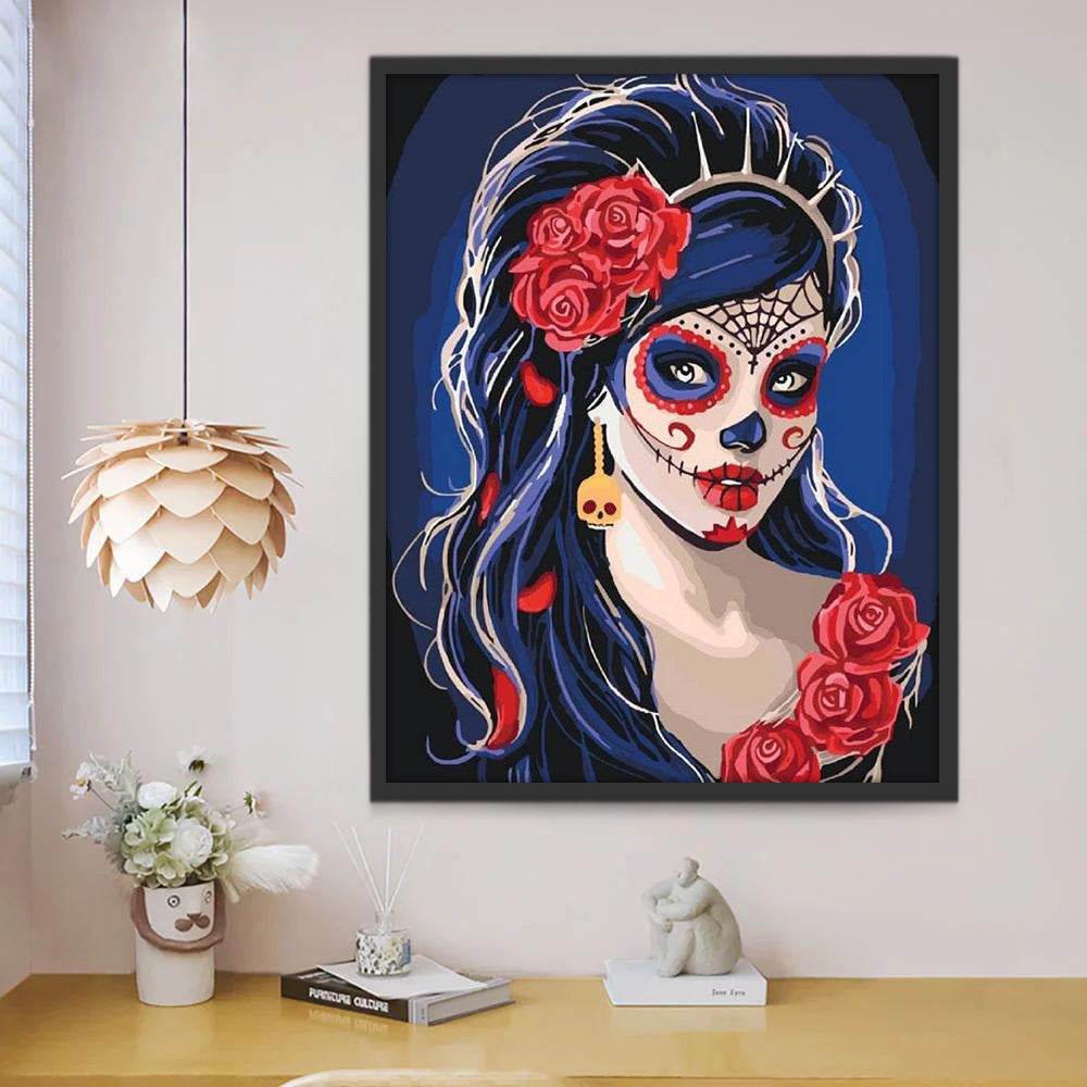 Fille et Roses Rouges Peinture par Numéros