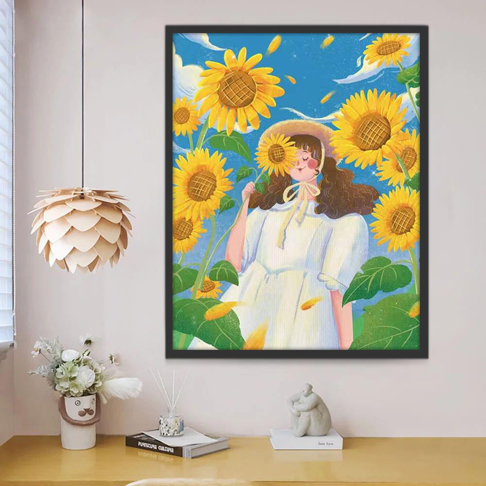 Fille et Tournesol Tournesol Peinture par Numéros