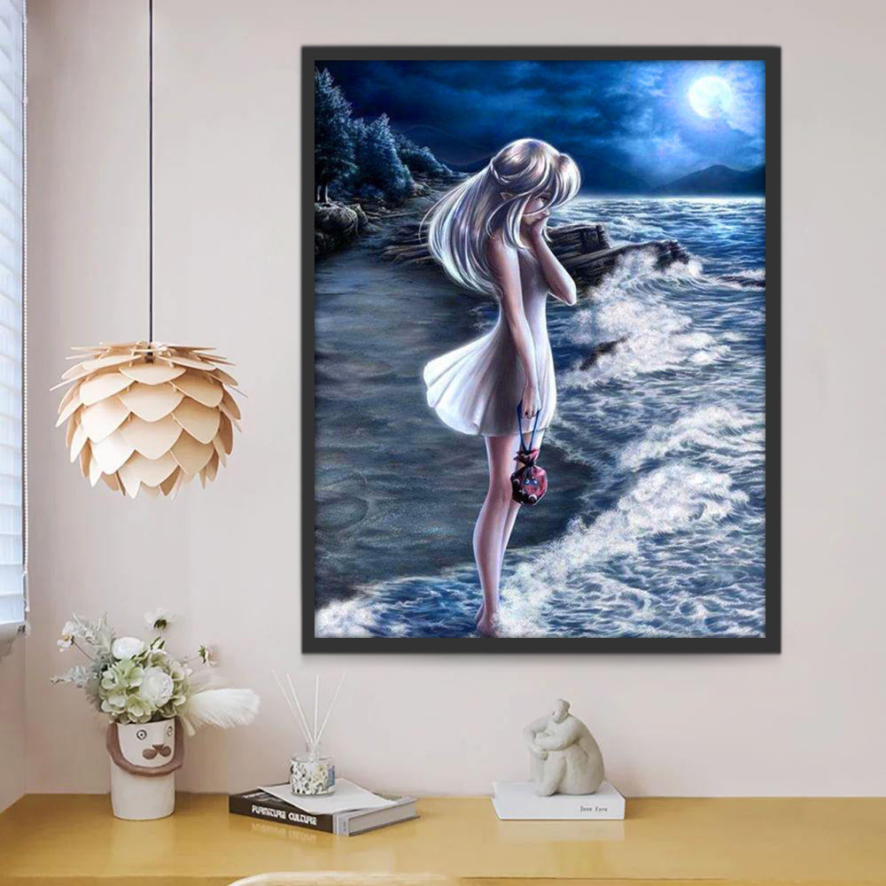 Fille triste au bord de la mer Peinture par Numéros