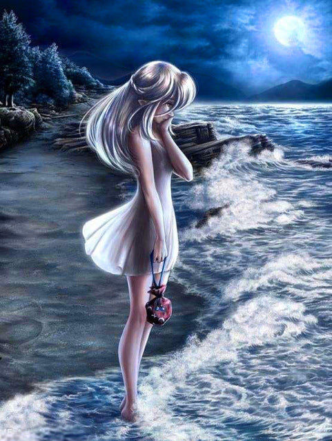 Fille triste au bord de la mer Peinture par Numéros
