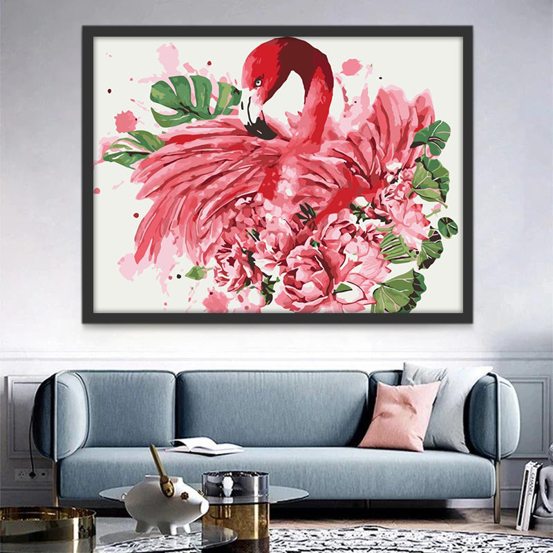 Flamant et Fleurs Roses Peinture par Numéros