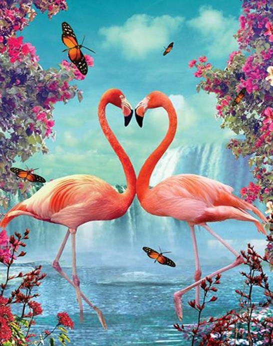 Flamants et Chute avec des Fleurs Peinture par Numéros
