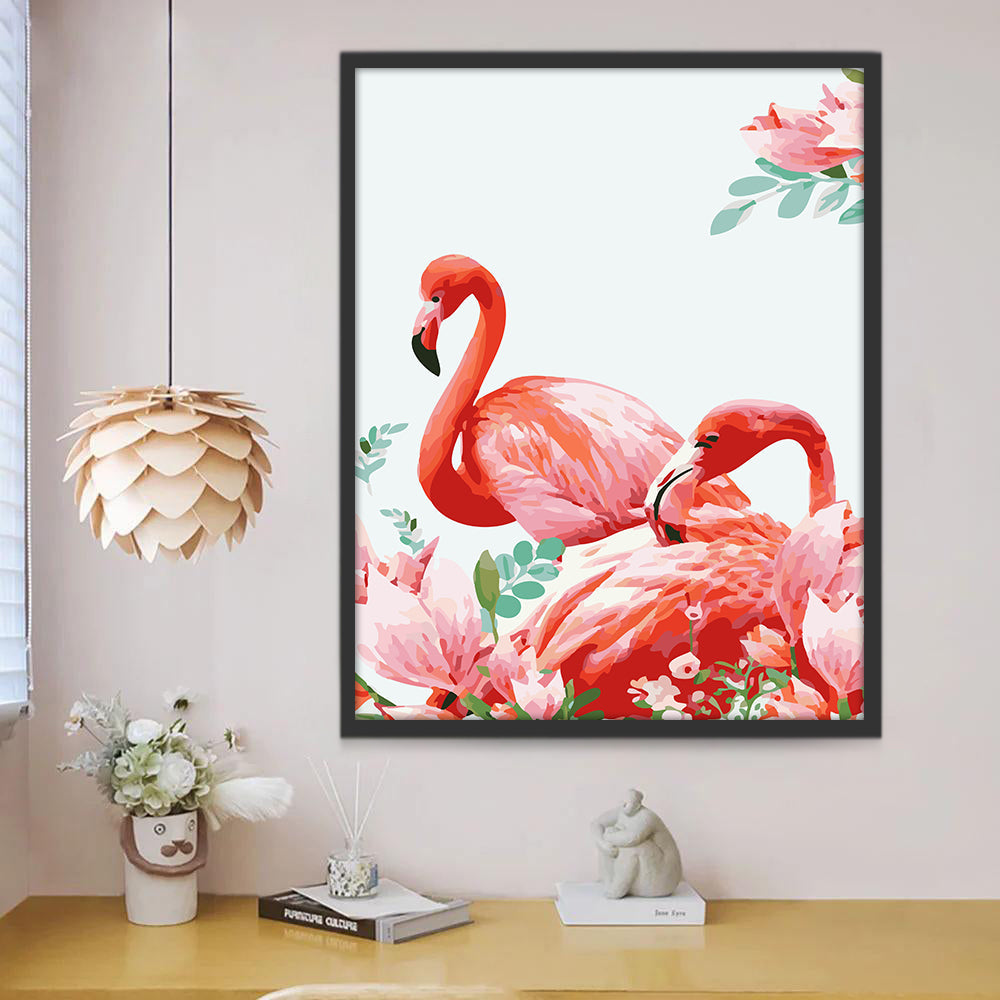 Flamants et Fleurs Roses Peinture par Numéros