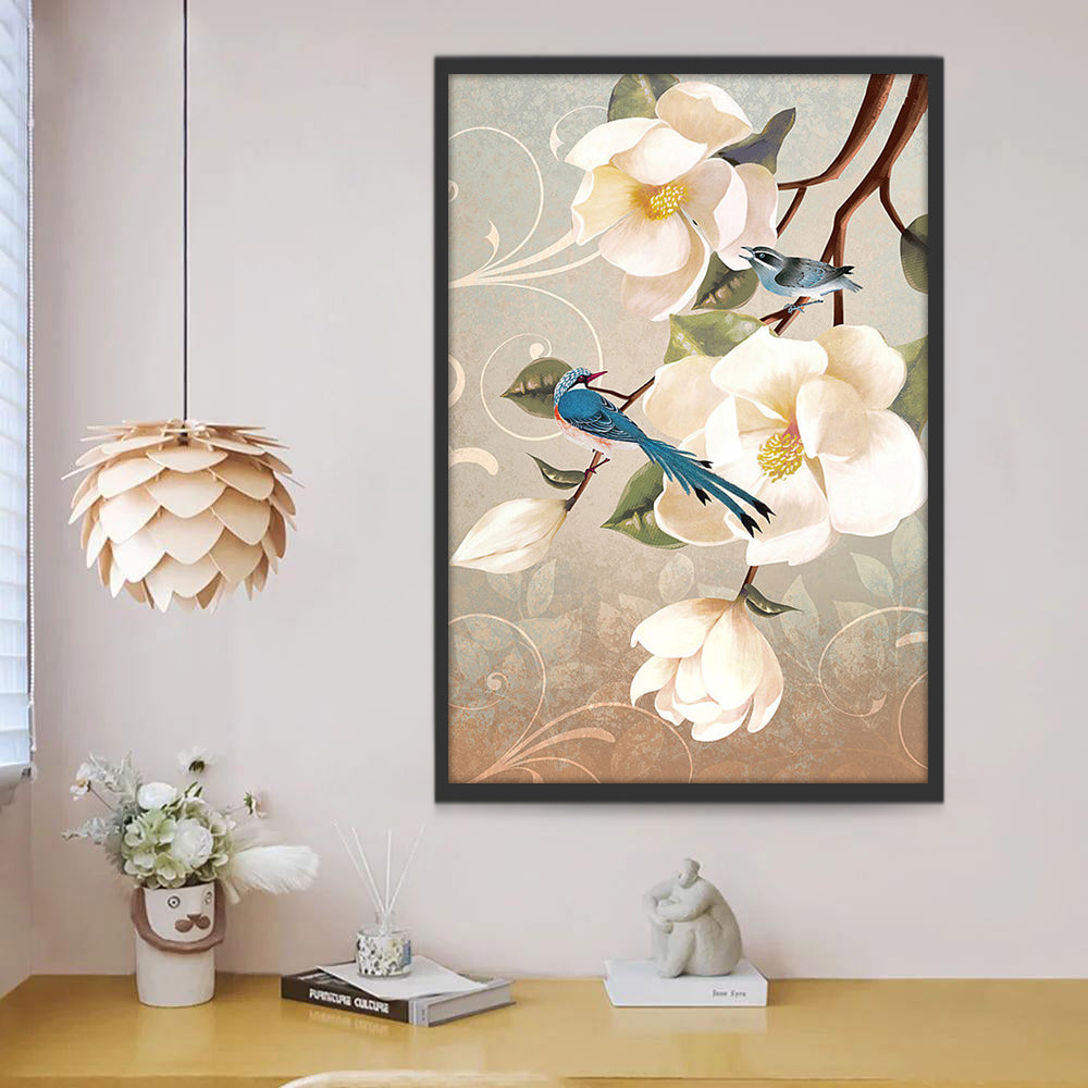 Fleurs Blanches et Mésanges Peinture par Numéros