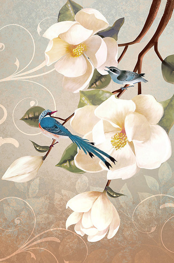 Fleurs Blanches et Mésanges Peinture par Numéros
