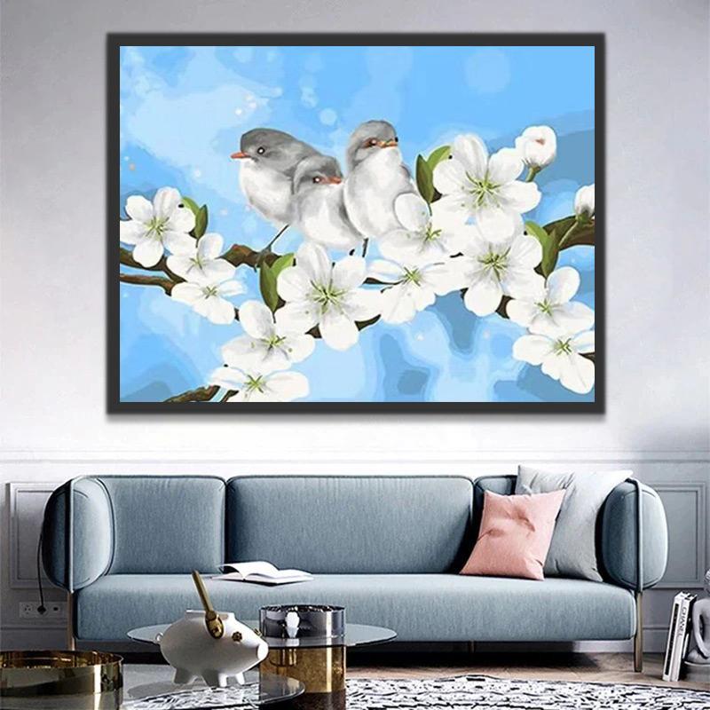 Fleurs Blanches et Oiseaux Gris Peinture par Numéros