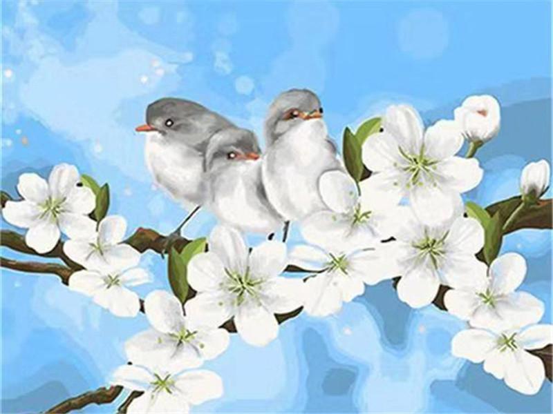 Fleurs Blanches et Oiseaux Gris Peinture par Numéros