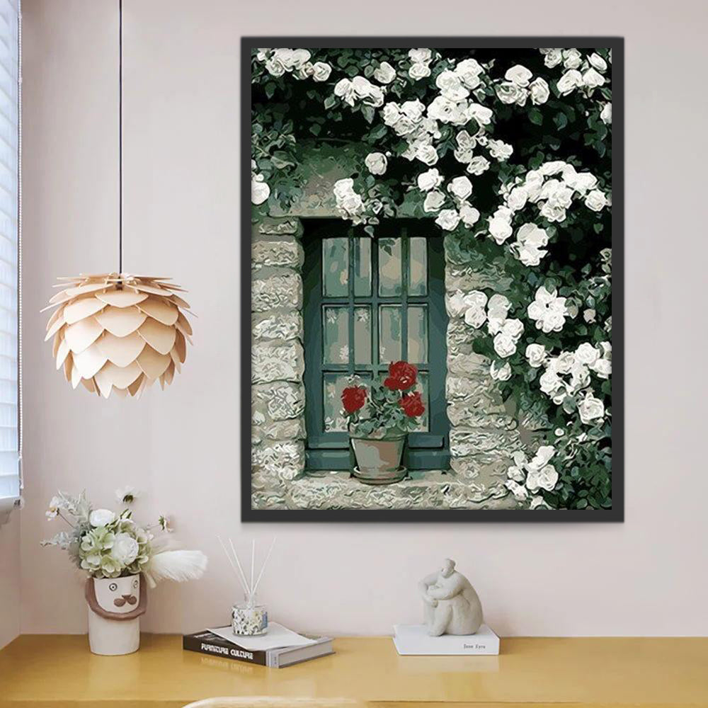 Fleurs Blanches et Rouges et Fenêtre Peinture par Numéros