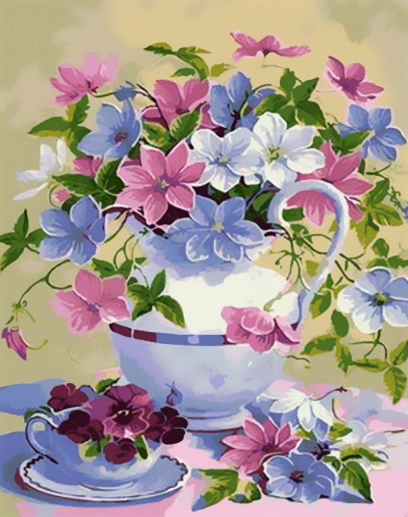 Fleurs Bleues et Roses Peinture par Numéros