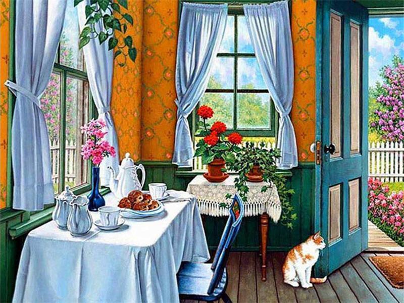 Fleurs et Chat Peinture par Numéros